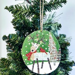Hand Crafted Natural Wood Christmas Ornament Decoupage Deer Napkin/Tree Decor